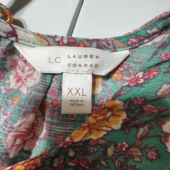 LC Lauren Conrad Green Pink floral BoHo peasant top Plus size XXL Tie Neck E U C - Picture 3 of 9